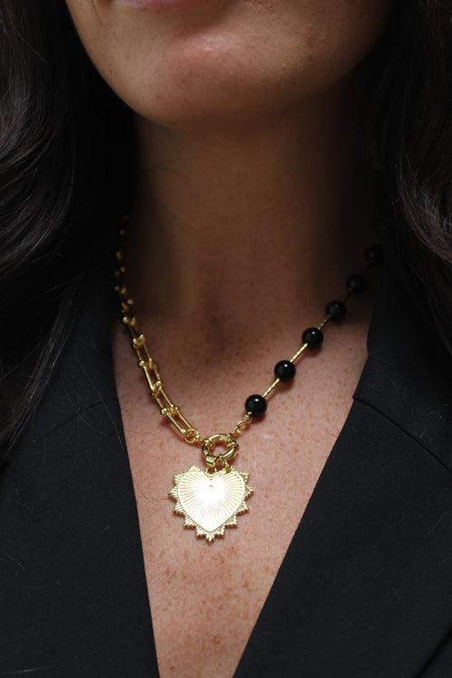 Intricate Heart Charm Necklace - Black