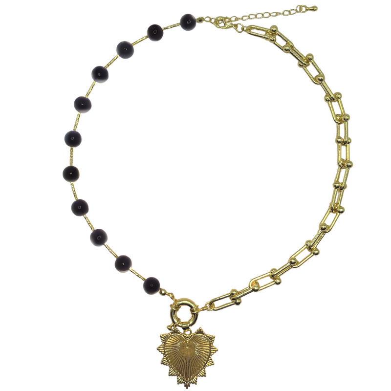 Intricate Heart Charm Necklace - Black